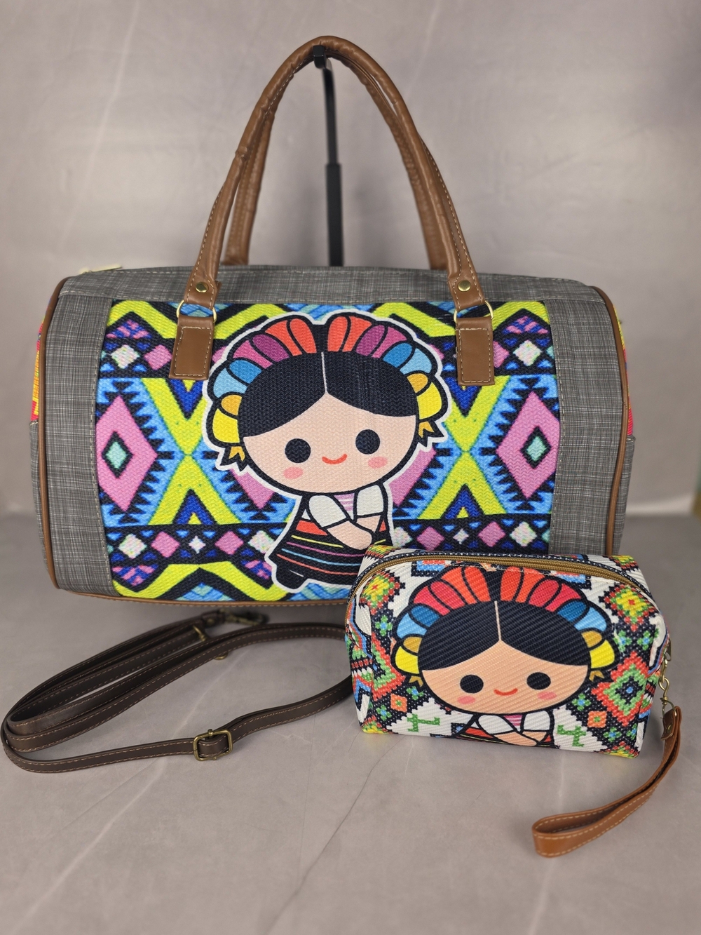 Colorful Folk Doll Travel Bag Set - Multicolor